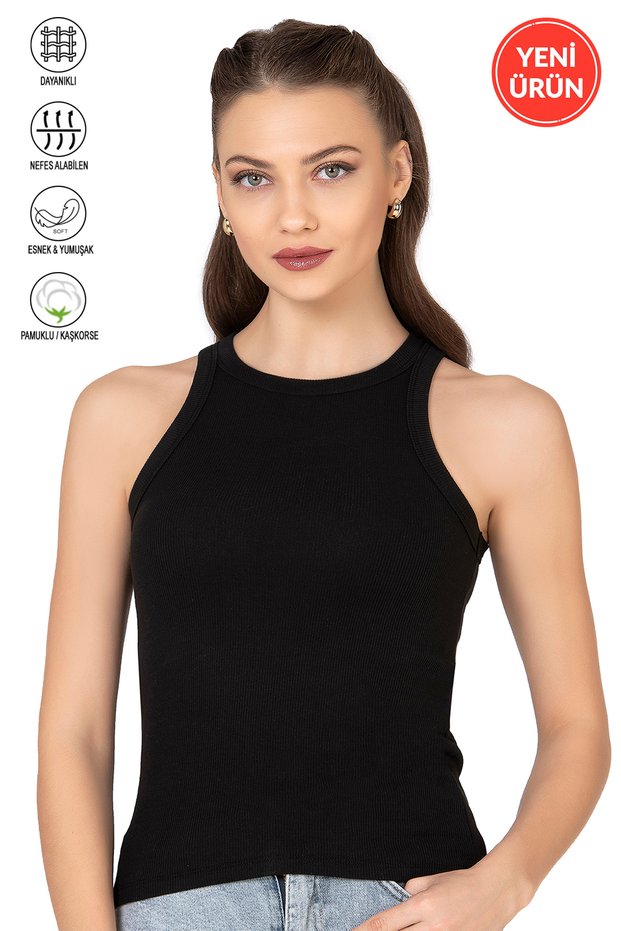 Özkan 27464 Women's Cotton Camisole Ribbed Flexible Comfortable Halter Neck Wide Bias Knitted Undershirt