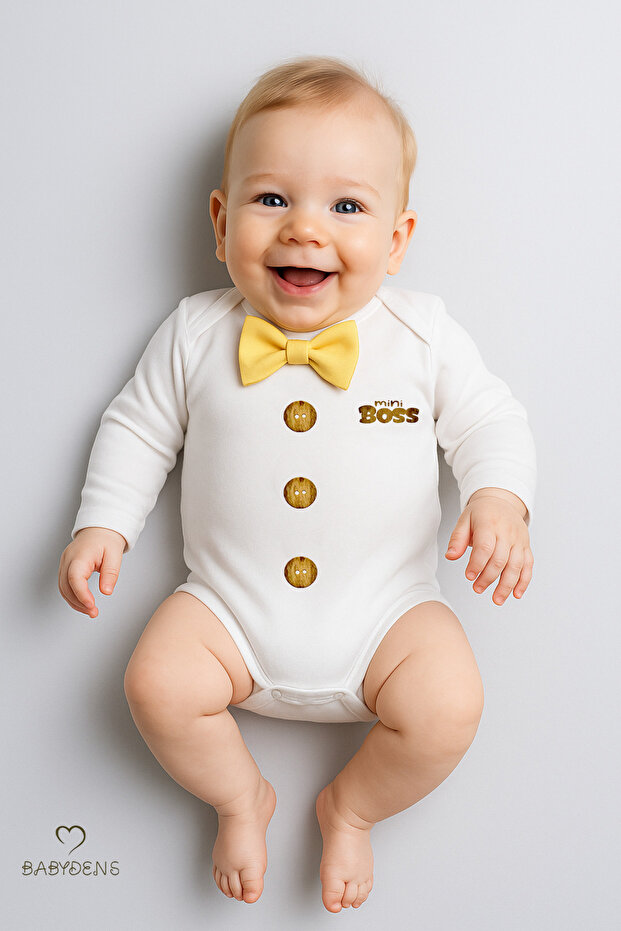 Tiny Boss Bow Tie Baby Bodysuit, Button Pattern Printed, Baby Boy Long Sleeve Snap Fastener Bodysuit Cotton