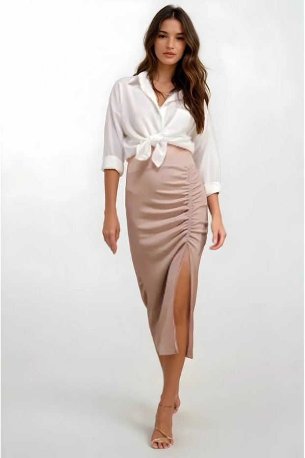 Women's Beige Elastic Waist Slit Long Skirt Hzl22S-Bd118801