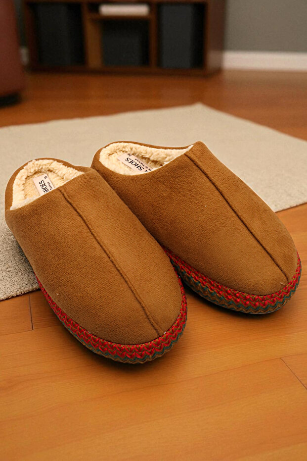 Women's Brown House Slippers. Colorful Scalloped Brown Patterned Slippers with Fur Inside.