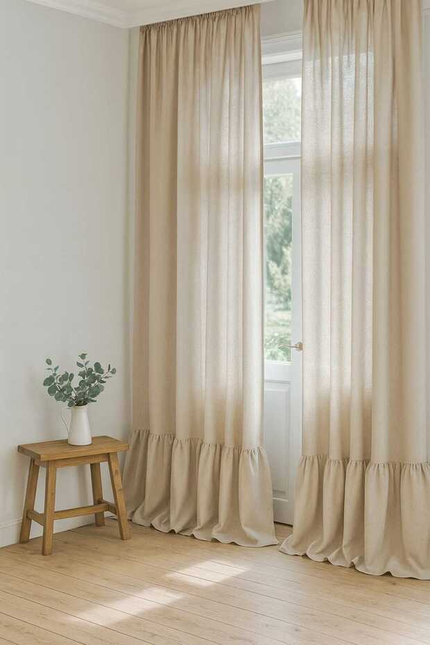 Natural Vintage Linen Curtain with Ruffled Hem (Width X Length)-Single Panel-Without Pleats