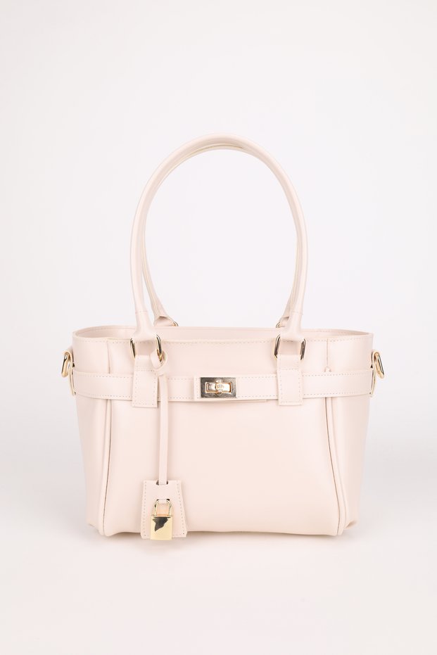 Women's Cream Belt and Lock Charm Detailed Zipper Closure Hand and Shoulder Bag Lotus