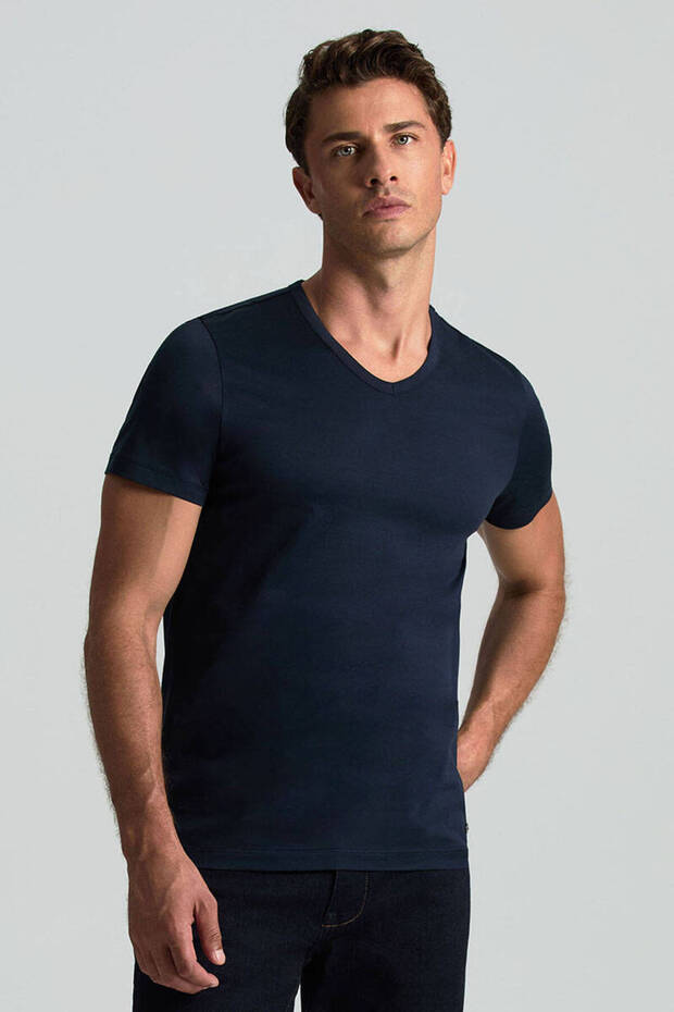 Lacivert V Yaka Basic T-Shirt - 1