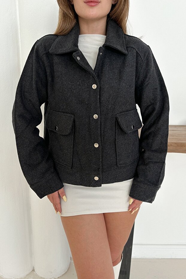 Anthracite Button Closure Double Pocket Short Jacket - 2