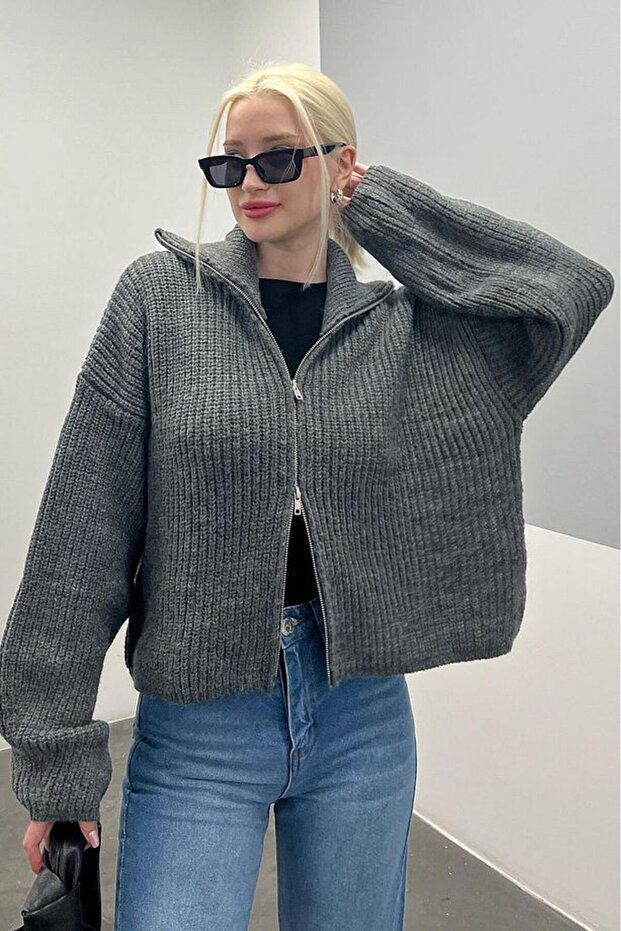 Çift Fermuarlı Basic Triko Hırka - 4