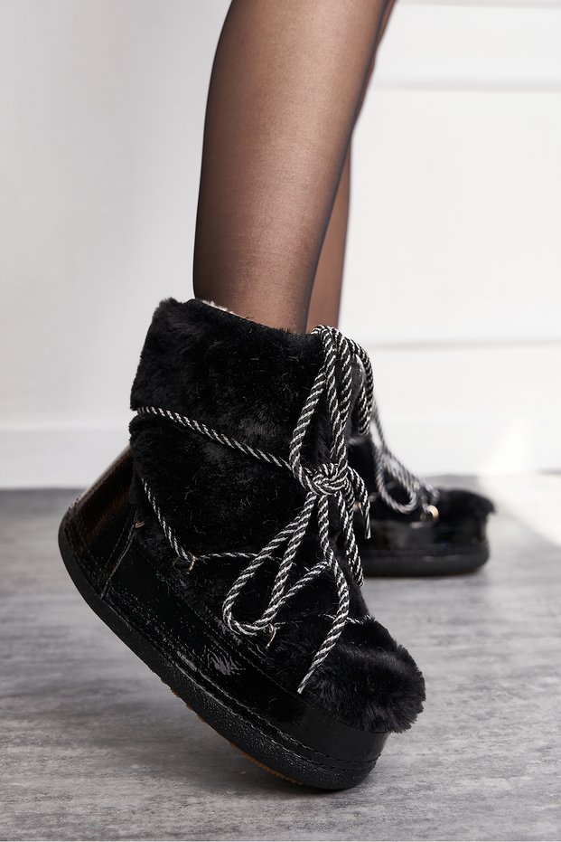 Daily Women's Black Snow Boots with Fur and Laces, Mother and Daughter Style, Comfortable Lined, Thick Sole 327