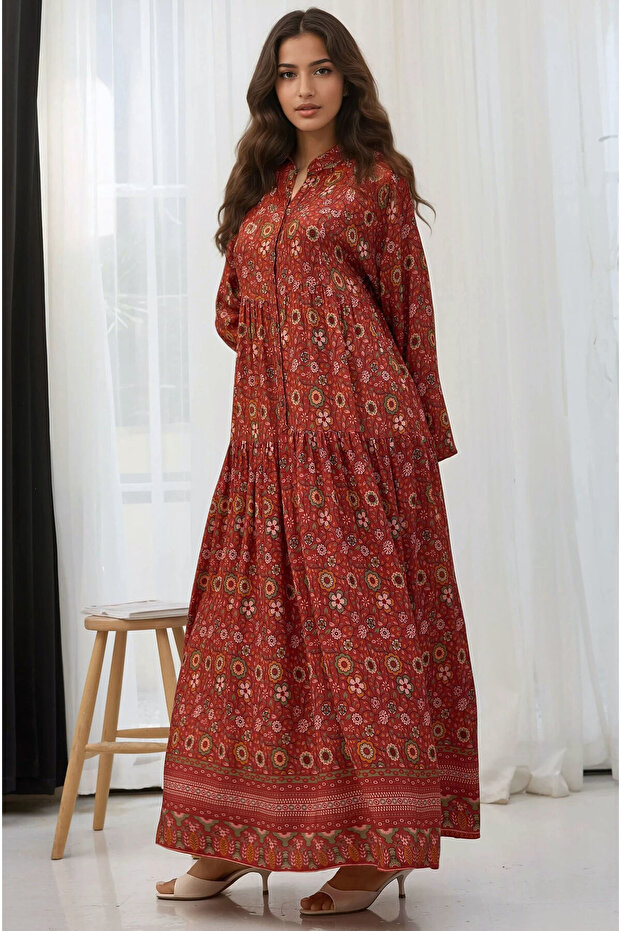 Düğmeli Baskılı V Yaka Modest Elbise - 3