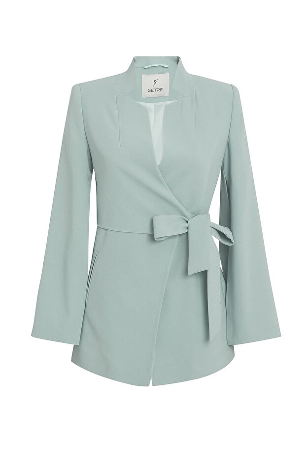 Mint Slim Fit Sleeve Detailed Waist Tie Detailed Jacket