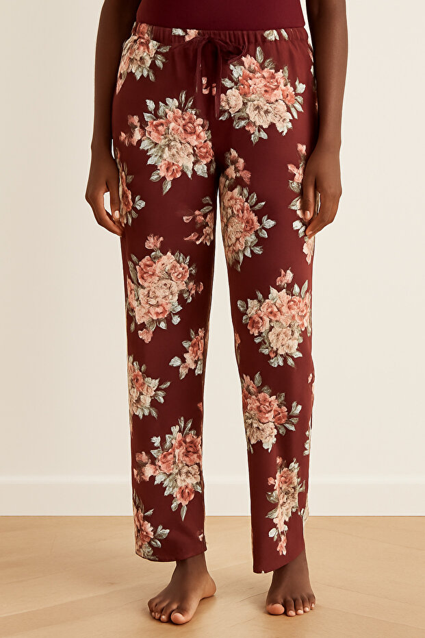 Bordo Çiçek Desenli Tek Alt Pijama - 1