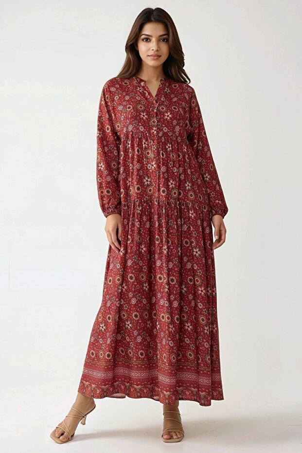 Düğmeli Baskılı V Yaka Modest Elbise - 4