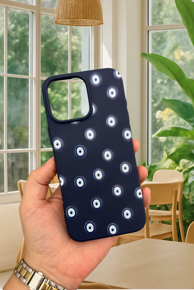 iPhone 14 Plus/15 Plus Compatible Evil Eye Beaded Patterned Silicone Shock-Absorbing Classic Protected Rubber Case