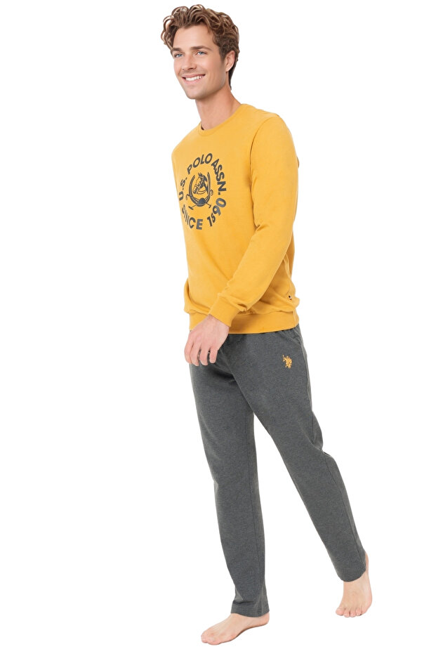 Erkek Uzun Kollu Pijama Takımı – Hardal Üst & Gri Alt - 2