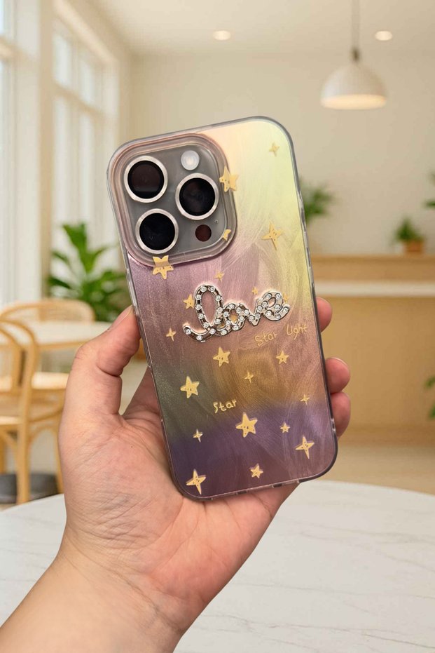 iPhone 16 Pro Max Compatible Hologram Color Changing Star Pattern Stone Written Starlove Case