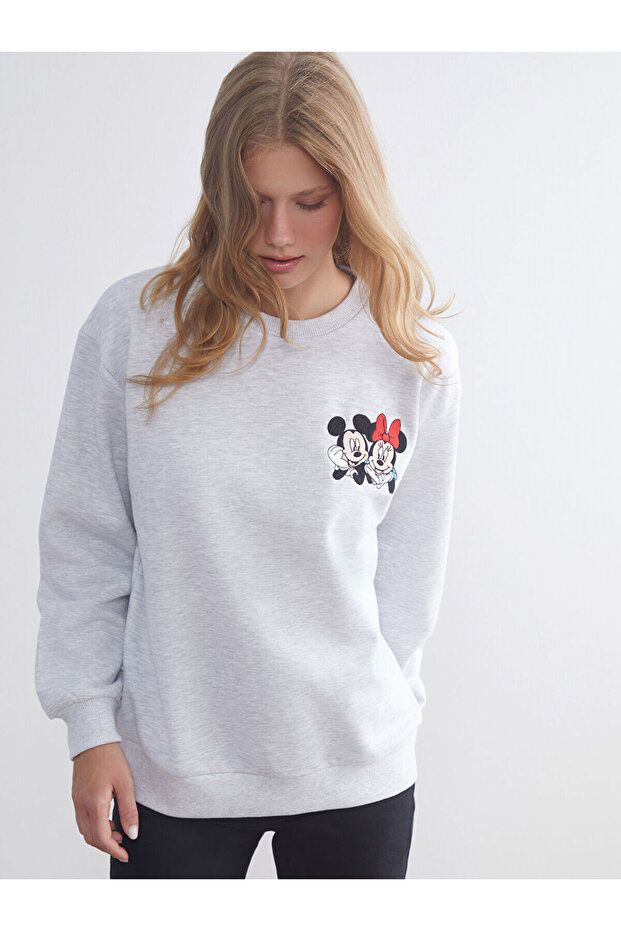 Xside Gray Mickey and Minnie Mouse Embroidered Women's Thick Sweatshirt W5Ib65Z8
