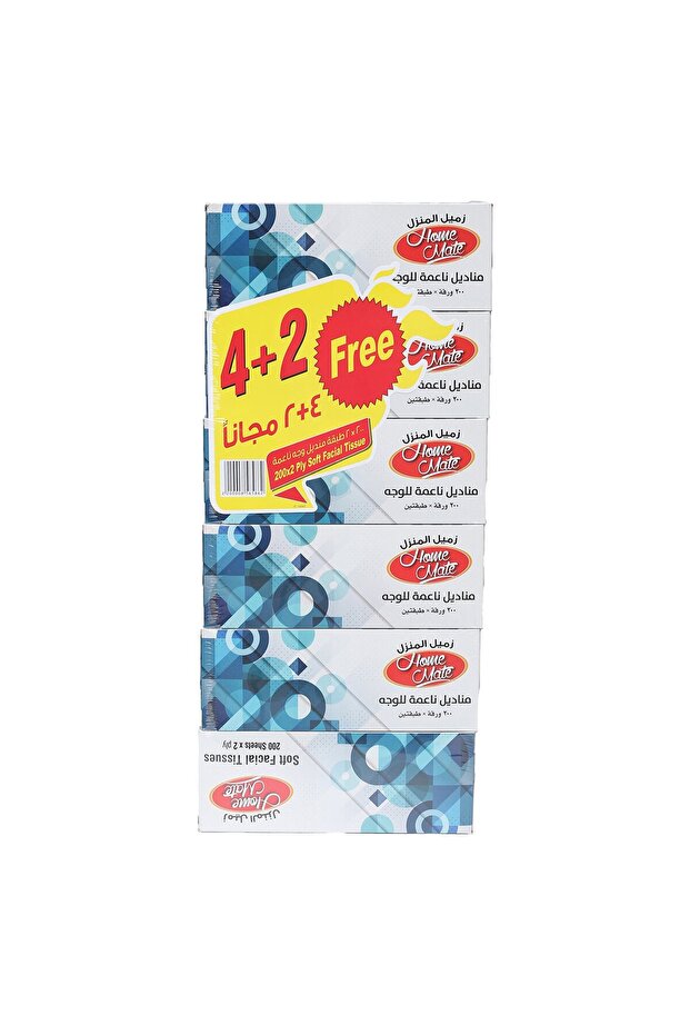 Home Mate Facial Tissue 2-Ply, 6 Packs x 200 Sheets – Soft & Strong Tissues