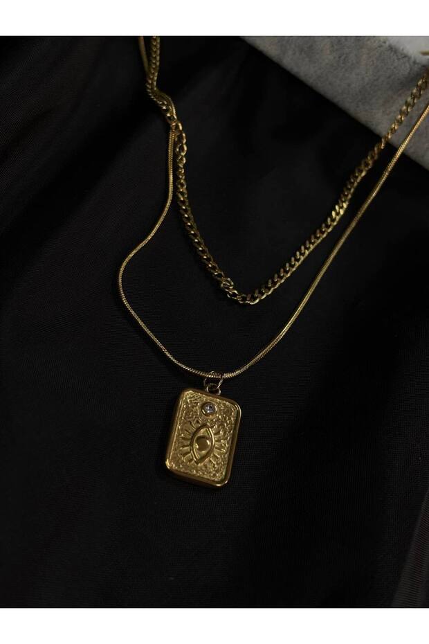 GÖZ FİGÜRLÜ ÇELİK KARE KOLYE - 1