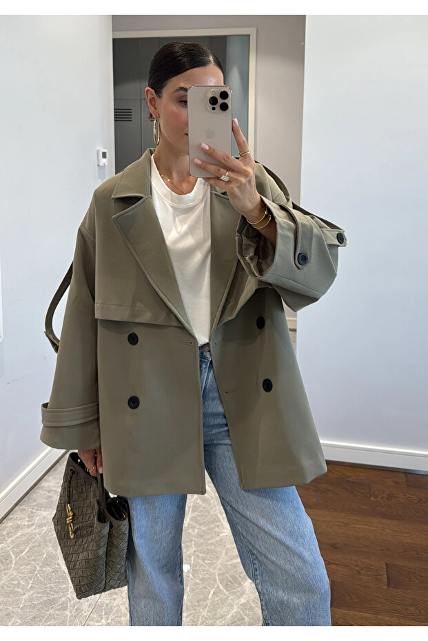 Khaki Oversize Low Shoulder Short Trench - 9580