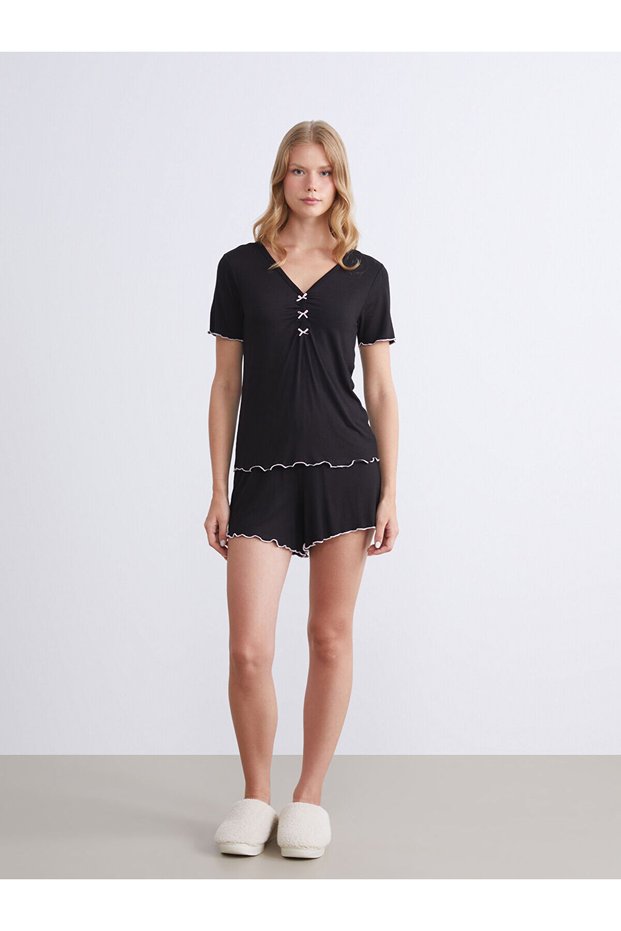 Two Mt Shop Quality Lcw Dream Black Plain Short Sleeve Women's Shorts Pajama Set