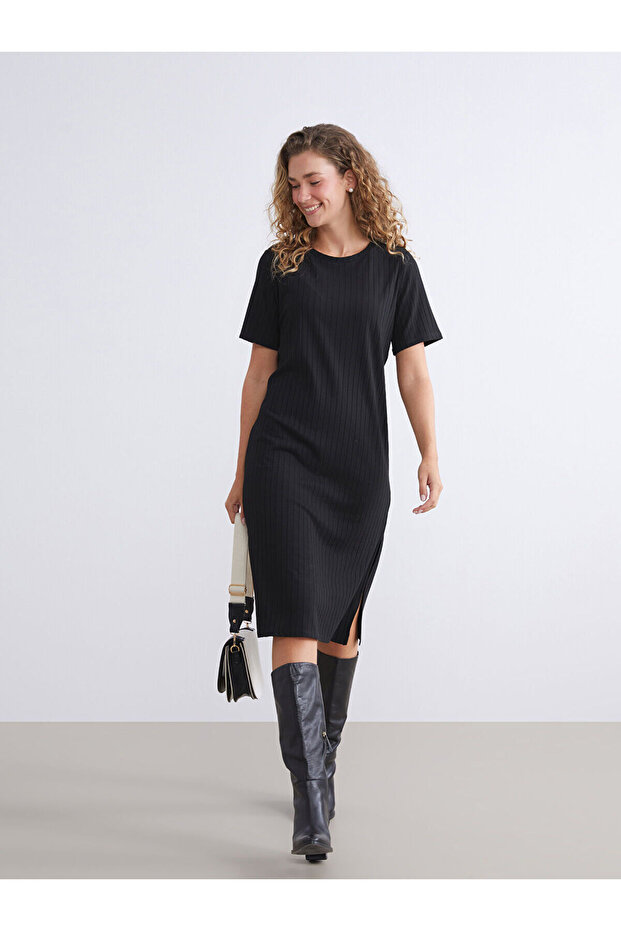Plus New Season Crew Neck Textured Dress