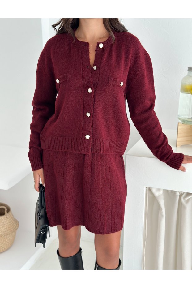 Buttoned Soft Texture Cardigan and Skirt Knitwear Set