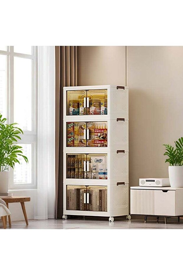 4 Layers Folding Storage Bins Organizer, Collapsible Storage Box with Wheels and Door