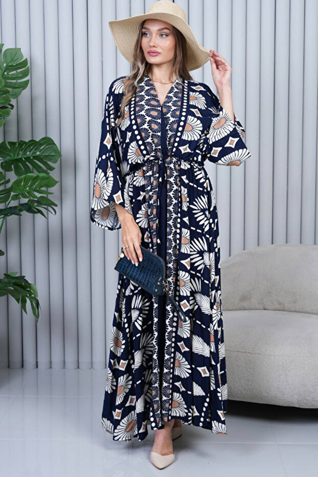Women's Navy Blue Ethnic Authentic Patterned Balloon Sleeve Loose Oversize Long Dress