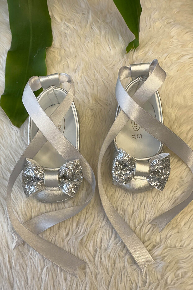 Stoned Genuine Leather Baby Girl Ballerinas Silver