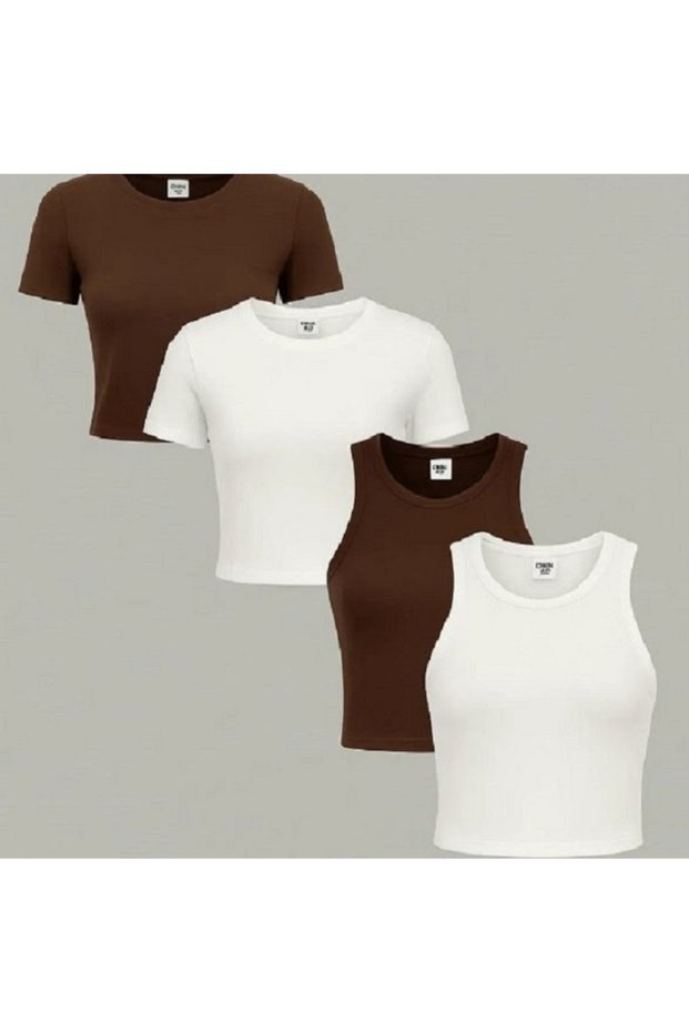 Women's 4-Pack Body-Hugging Cotton Crewneck T-Shirt-Singlet Set Crop Blouse
