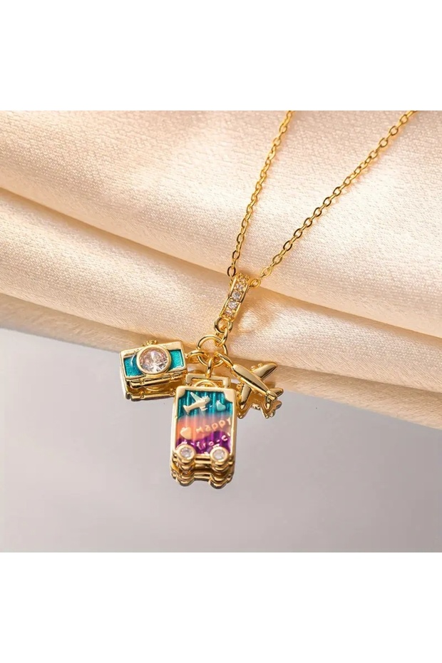 Airplane Camera Travel Themed Necklace, Stewardess Pilot Holiday Gift