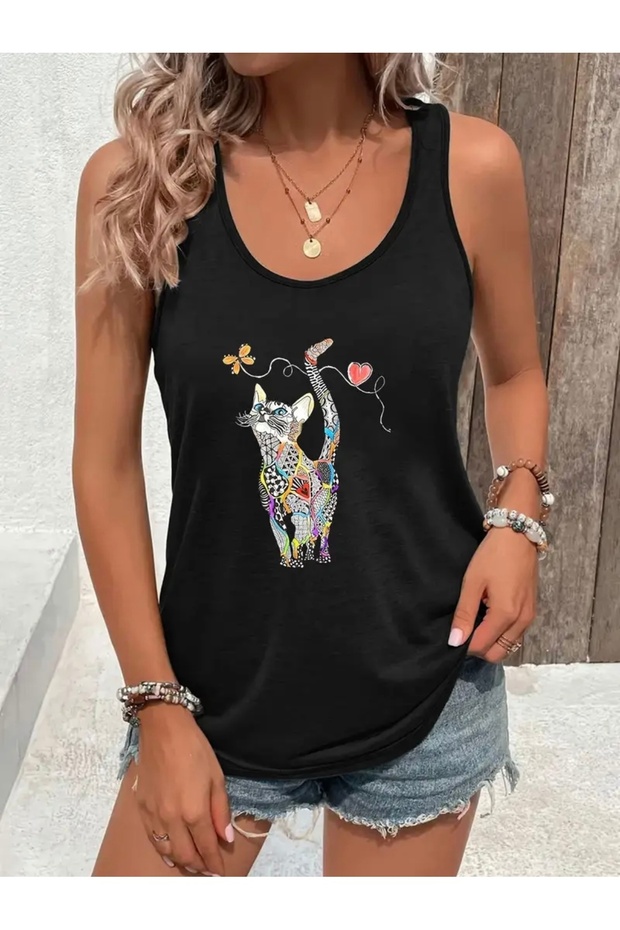 Colorful Cat Printed Women's T-Shirt