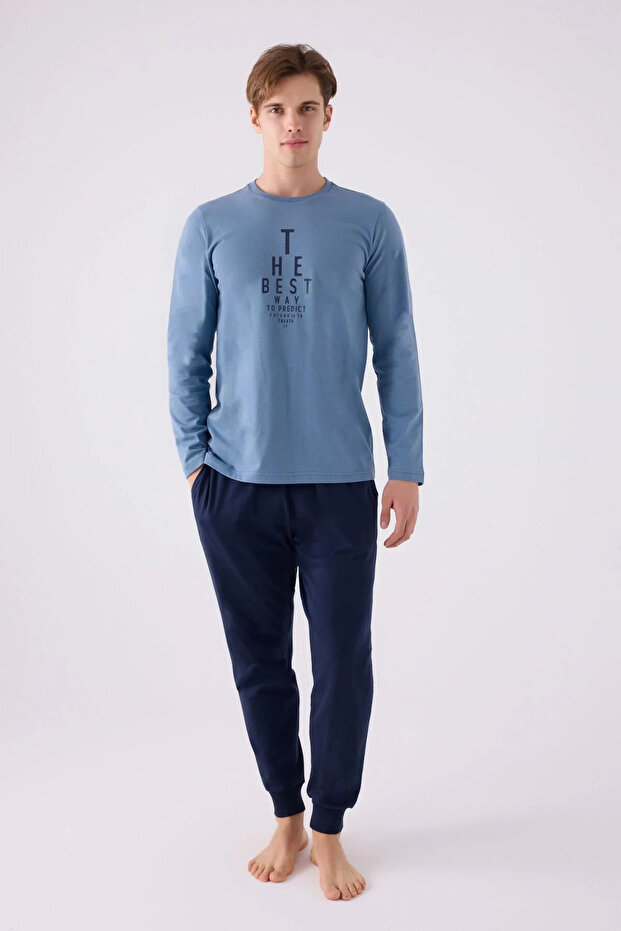 بدلة رجالية مزدوجة - أزرق - 1