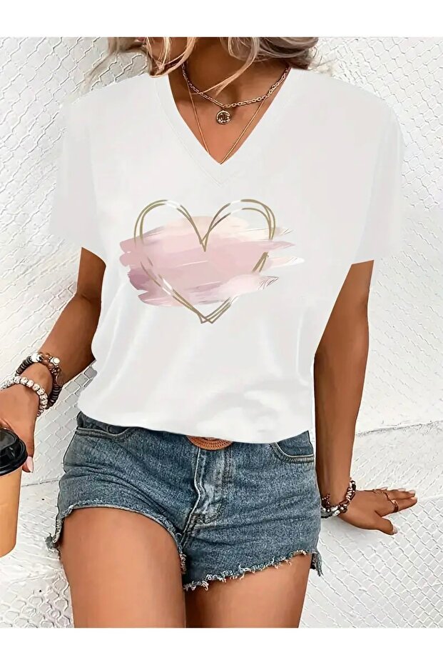 PINK HEART PRINTED WOMEN'S OVERSIZED V-NECK T-SHIRT