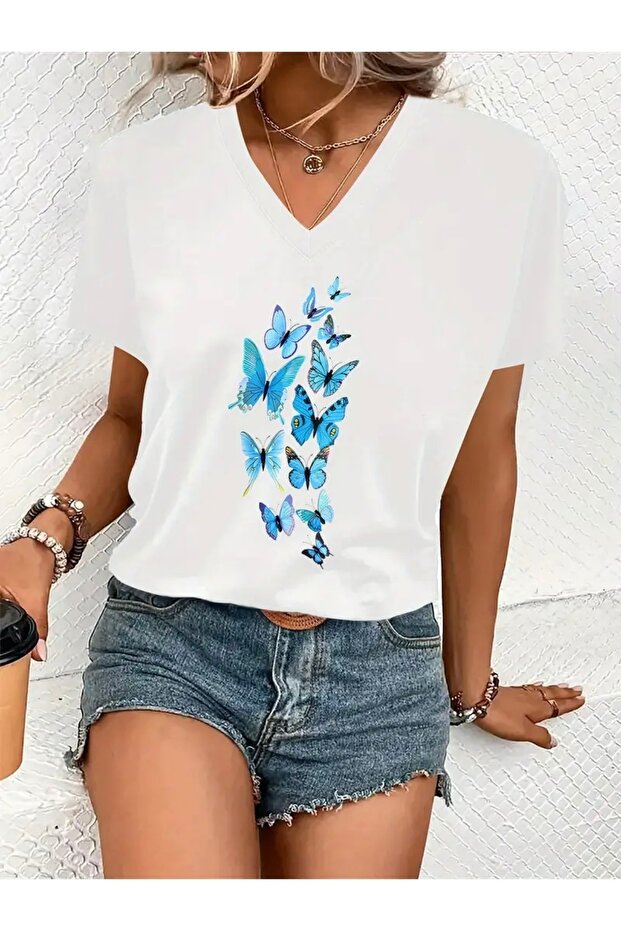 Blue Butterflies Printed Women's Oversize V-Neck T-Shirt
