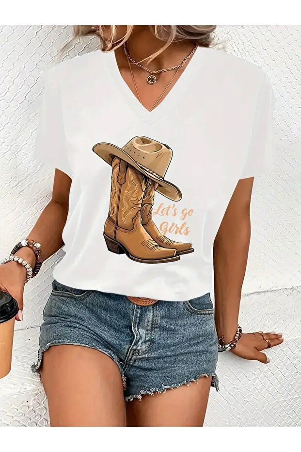 Cowboy Hat and Boots Printed Women's Oversize V-Neck T-Shirt