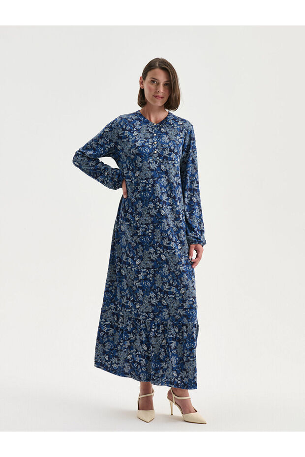 Lcw Grace Navy Blue Plus Size Crew Neck Floral A-Line Dress