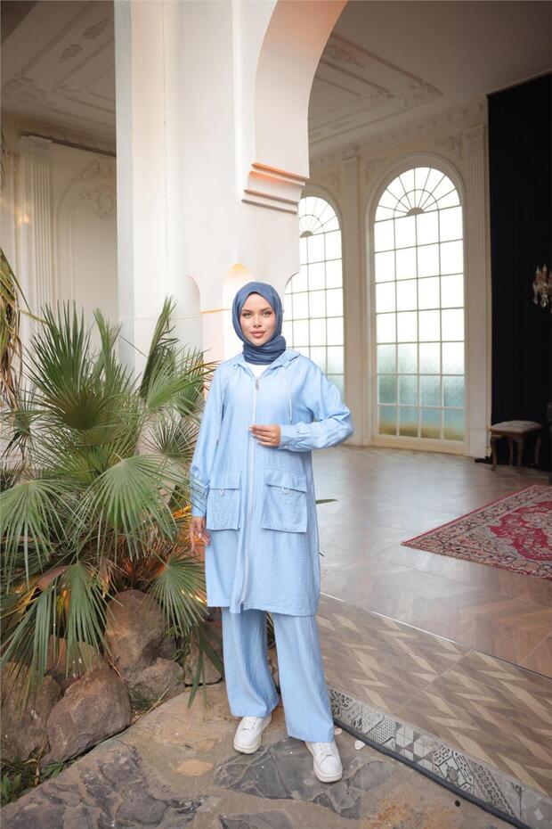 Hooded Zippered Double Pocket Cap Double Hijab Tracksuit Set - (38-46) - 71305 - Claret Red