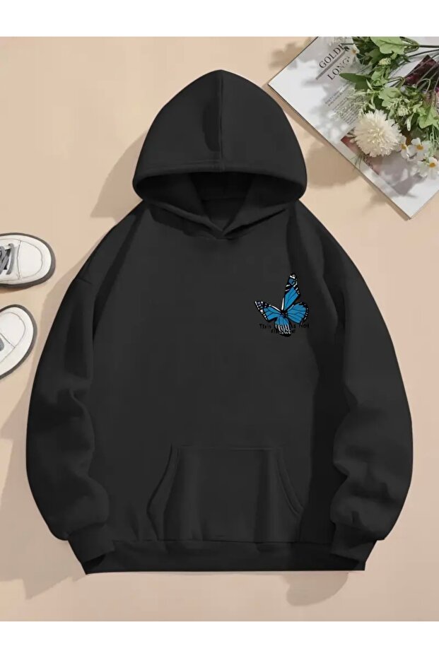 Oversize Unisex Women/Men's Hooded Sweatshirt with Butterfly Print