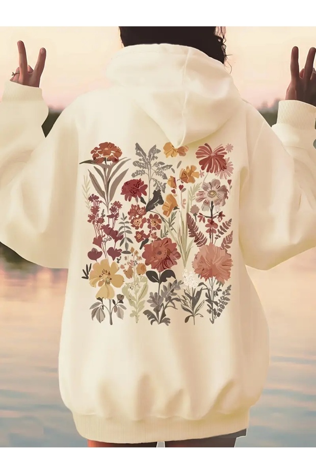 ÇİÇEKLER ÖN ARKA BASKILI OVERSİZE SWEATSHİRT - 1