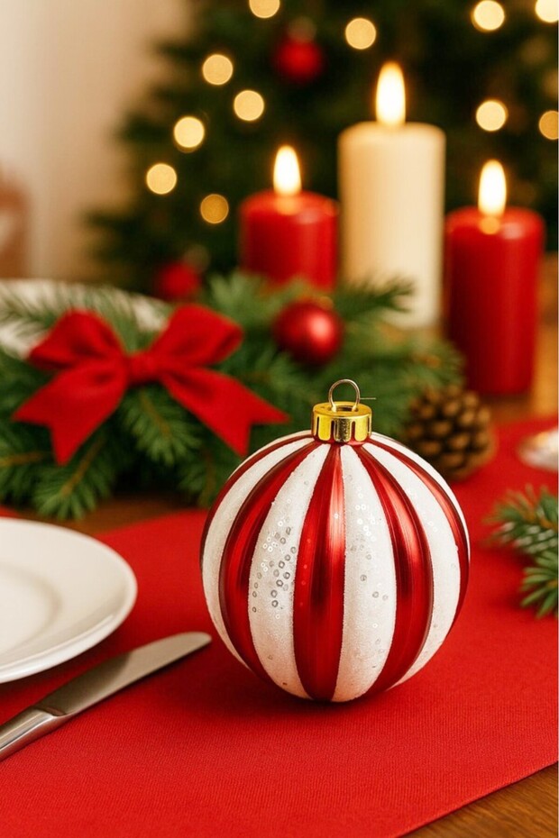 Christmas Tree Ornament Red and White Striped Cute Ball 15 cm