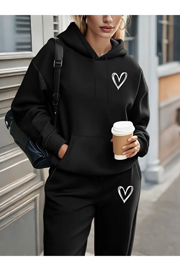 Heart Printed Unisex Women/Men Hooded Oversize Bottom/Up Tracksuit Set