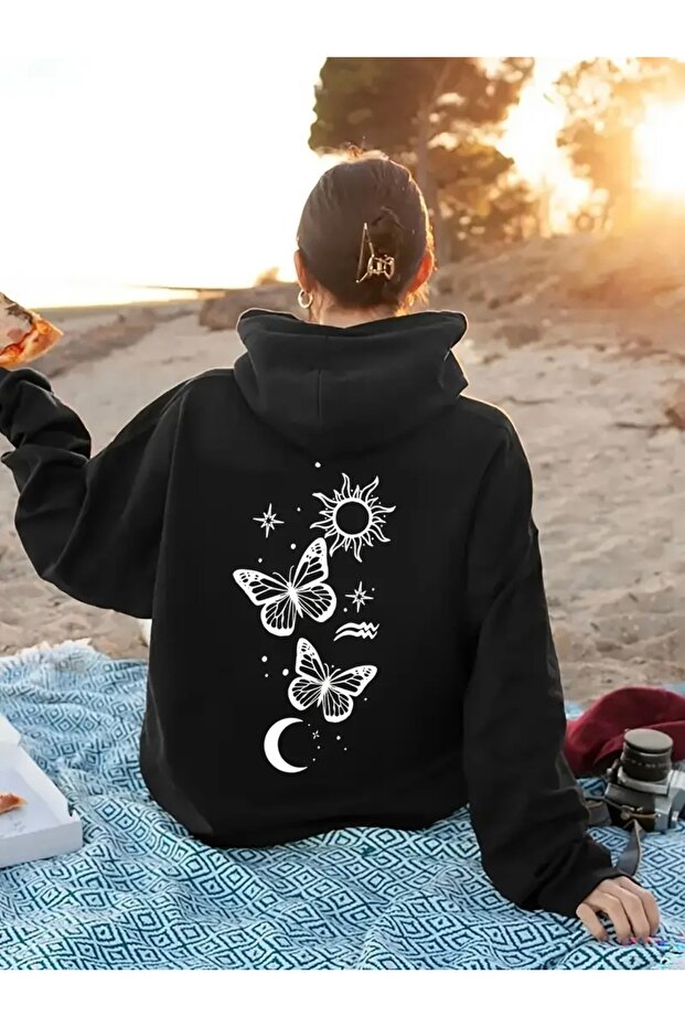 Oversize Unisex Hooded Sweatshirt with Butterfly Sun and Moon Print
