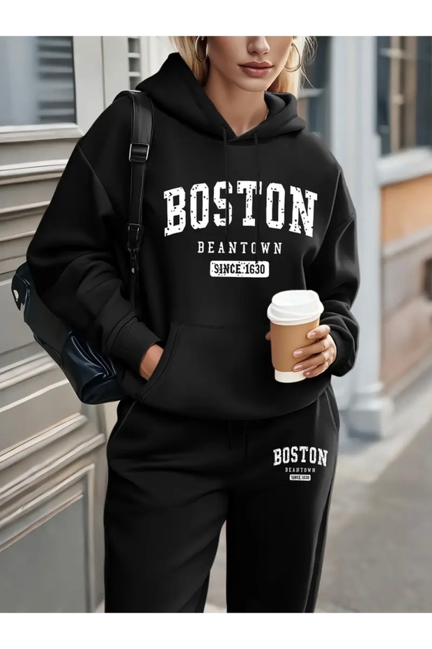 بدلة رياضية بقلنسوة كبيرة الحجم للنساء/الرجال للجنسين من BOSTON