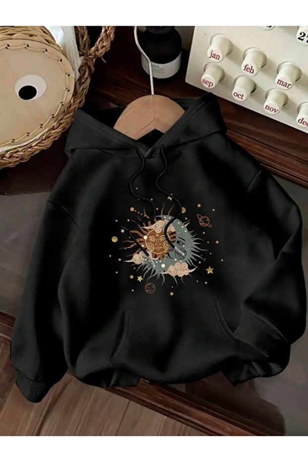 SUN AND MOON PRINTED OVERSIZE UNISEX WOMEN'S/MEN'S HOODED SWEATSHIRT