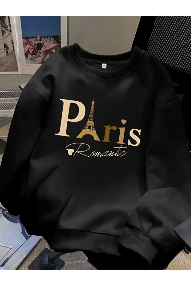 سويت شيرت برقبة دائرية للجنسين مطبوع عليه PARIS ROMANTIC