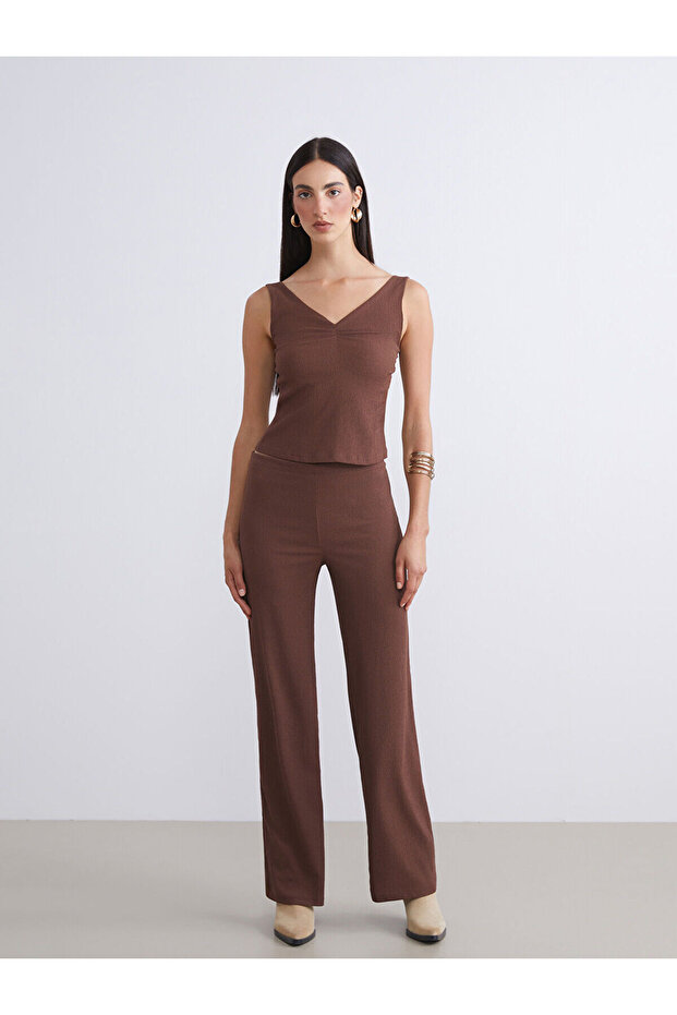 Elastic Waist Textured Wide Leg Women's Trousers