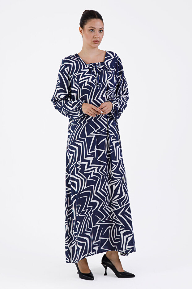 Zigzag Desenli Modern Viskon Elbise - 1