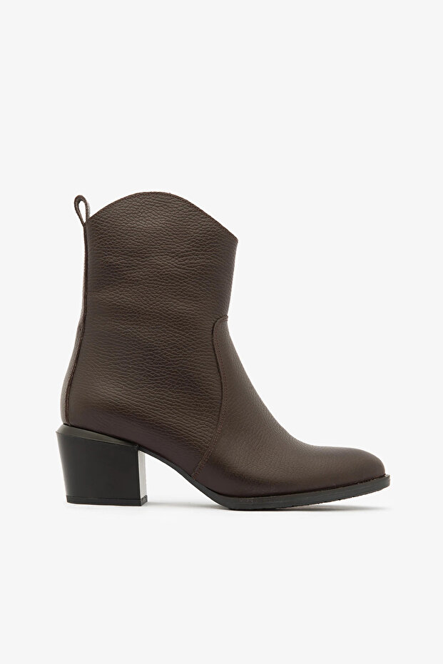 Brown Genuine Leather Thick Heeled Western Women's Boots