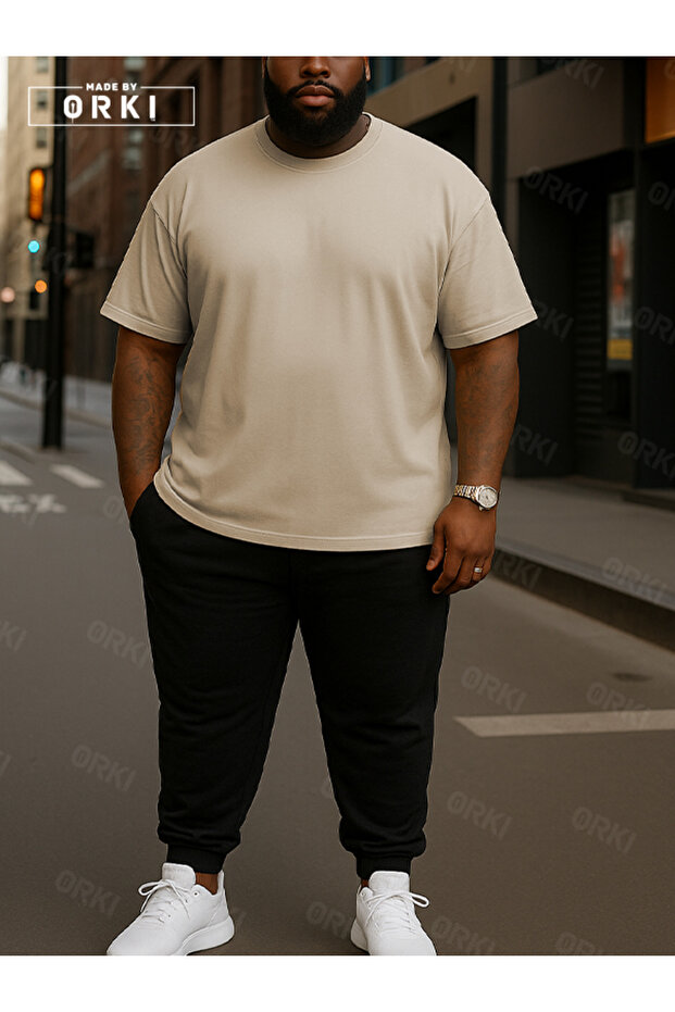 Power Fit - Oversized Beige T-Shirt & Black Pants Tracksuit Set