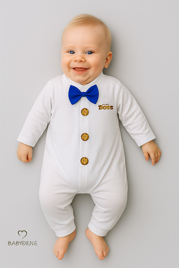 Baby Boy Bow Tie Romper 100% Cotton Buttoned Newborn Hospital Release Cobalt Blue Bow Tie 0-9 Months