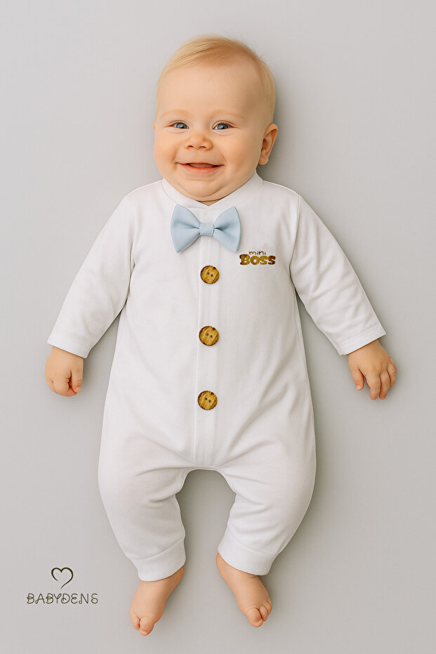Baby Boy Bow Tie Romper 100% Cotton Buttoned Newborn Hospital Release Blue Bow Tie 0-9 Months